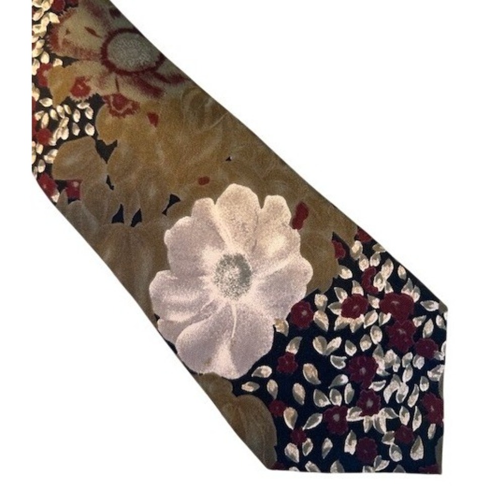 Harve Benard Mens Silk Tie Floral Pattern Olive Burgundy Tan Vintage Wide Blade